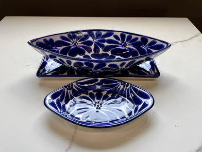 Blue And White small canoe 3pc Talavera Tray Set