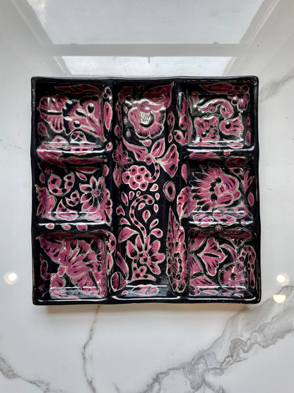 Purple and Black Bowl and Rectangle 3pc Talavera Tray Set