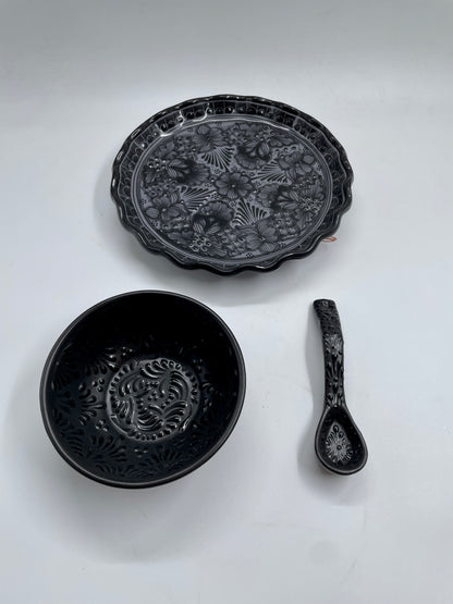 Black Patterned 3pc Talavera Bowl Set