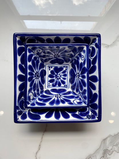 Blue and White Medium Patterned Square Talavera Tray Set