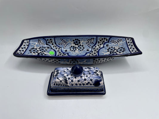 Blue and White  Patterned Big Canoe Talavera Tray Set