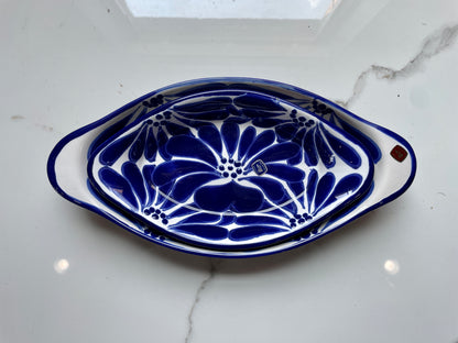 Blue and White  Patterned Medium Canoe Talavera Tray Set