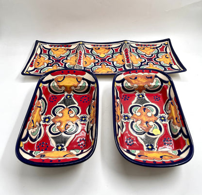 Multicolor 3pc Patterned Bowl and Tray Talavera Set
