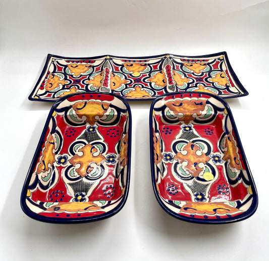 Multicolor 3pc Patterned Bowl and Tray Talavera Set