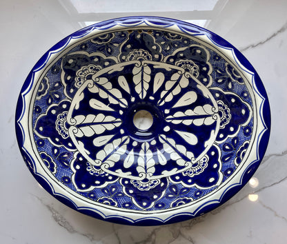 17" Blue and White Patterned Medium Talavera Drop-In Sink