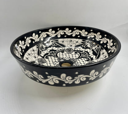 Black and White Patterned Medium Round Talavera Vessel Sink