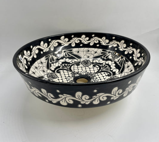 Black and White Patterned Medium Round Talavera Vessel Sink