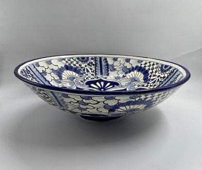 Blue and White Patterned Medium Round Talavera Vessel Sink
