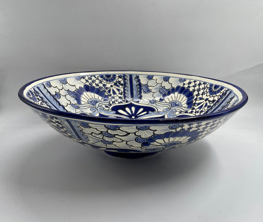 Blue and White Patterned Medium Round Talavera Vessel Sink