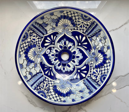 Blue and White Patterned Medium Round Talavera Vessel Sink