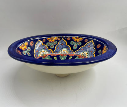 Blue and Multicolor Patterned Small Flower Talavera Drop-In Sink