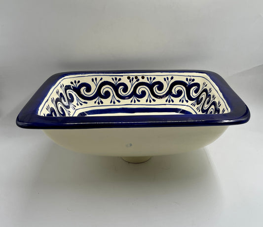Blue and White Patterned Medium Rectangle Talavera Drop-In Sink