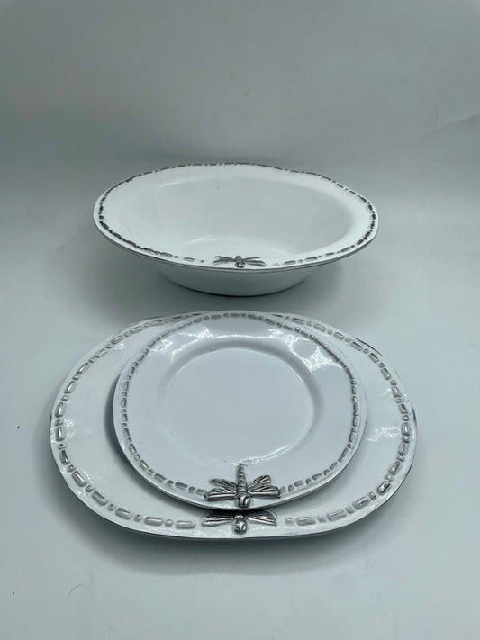 White Dragonfly 3pc Pewter Tray Set