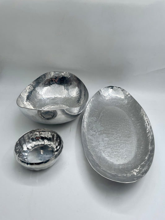 Silver Cratered 3pc Canoe Pewter Tray Set
