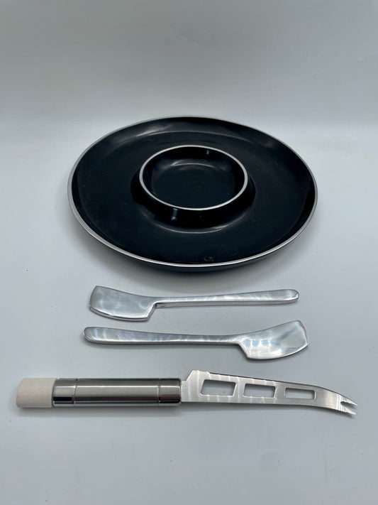 Black 4pc Tray and Utensils Pewter Tray Set