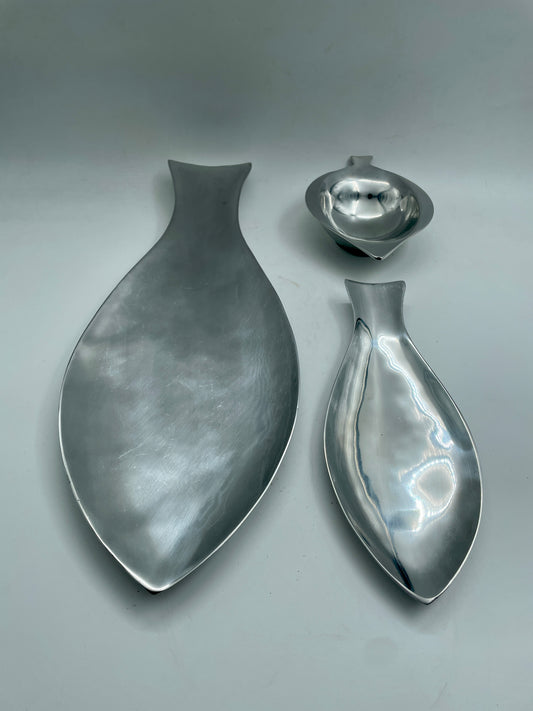 Silver Medium 3pc Fish Pewter tray Set