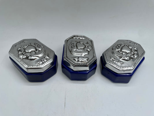 Silver and Blue 3pc Jewelry Pewter Holder Set