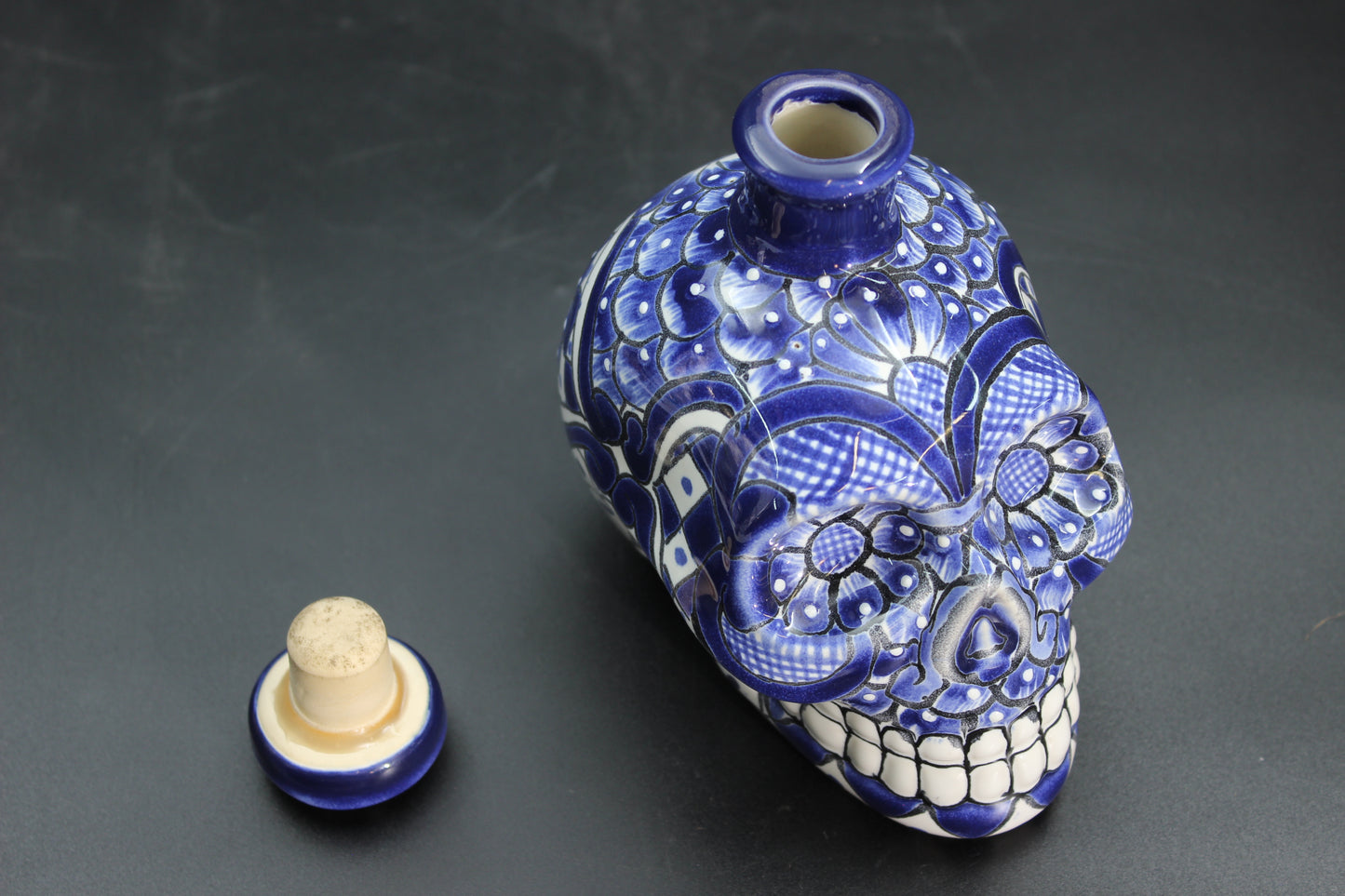 16oz Blue Talavera Ceramic Skull Liquor Bottle