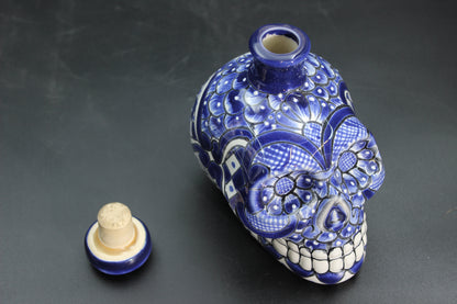 16oz Blue Talavera Ceramic Skull Liquor Bottle