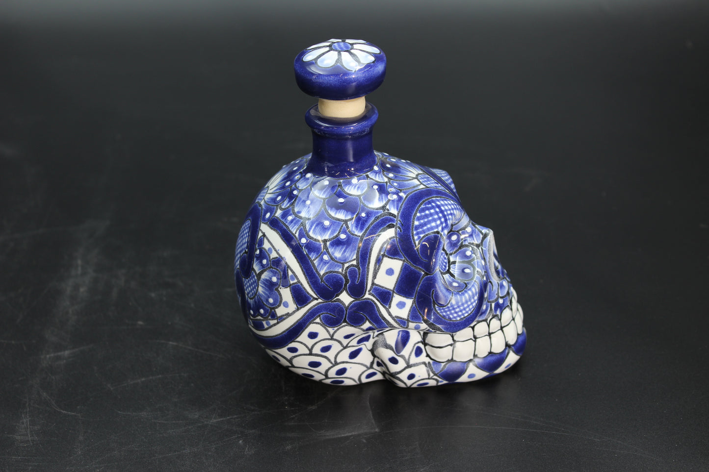 16oz Blue Talavera Ceramic Skull Liquor Bottle