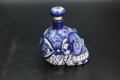 16oz Blue Talavera Ceramic Skull Liquor Bottle