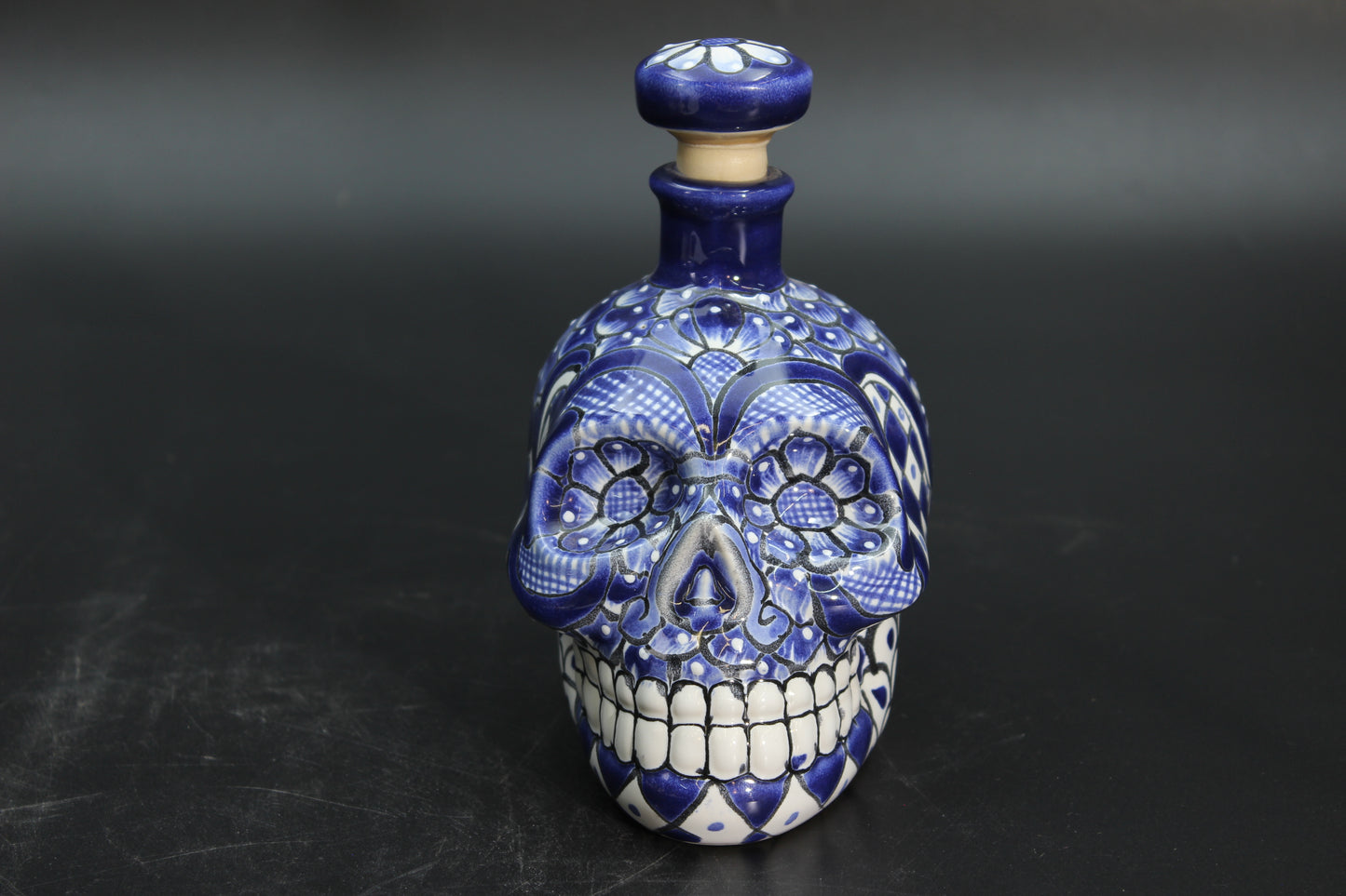16oz Blue Talavera Ceramic Skull Liquor Bottle