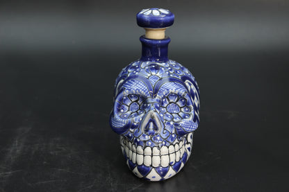 16oz Blue Talavera Ceramic Skull Liquor Bottle