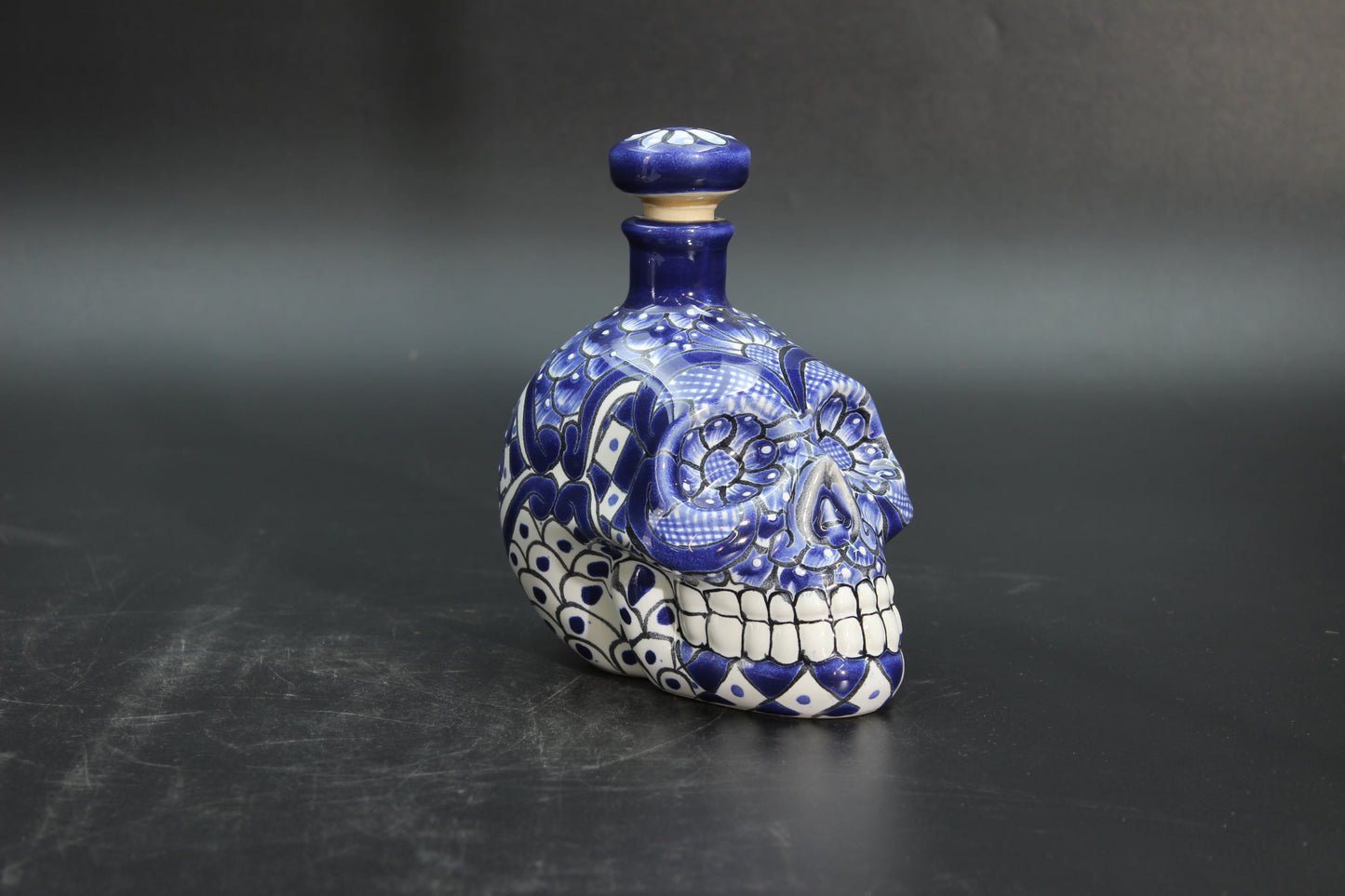 16oz Blue Talavera Ceramic Skull Liquor Bottle