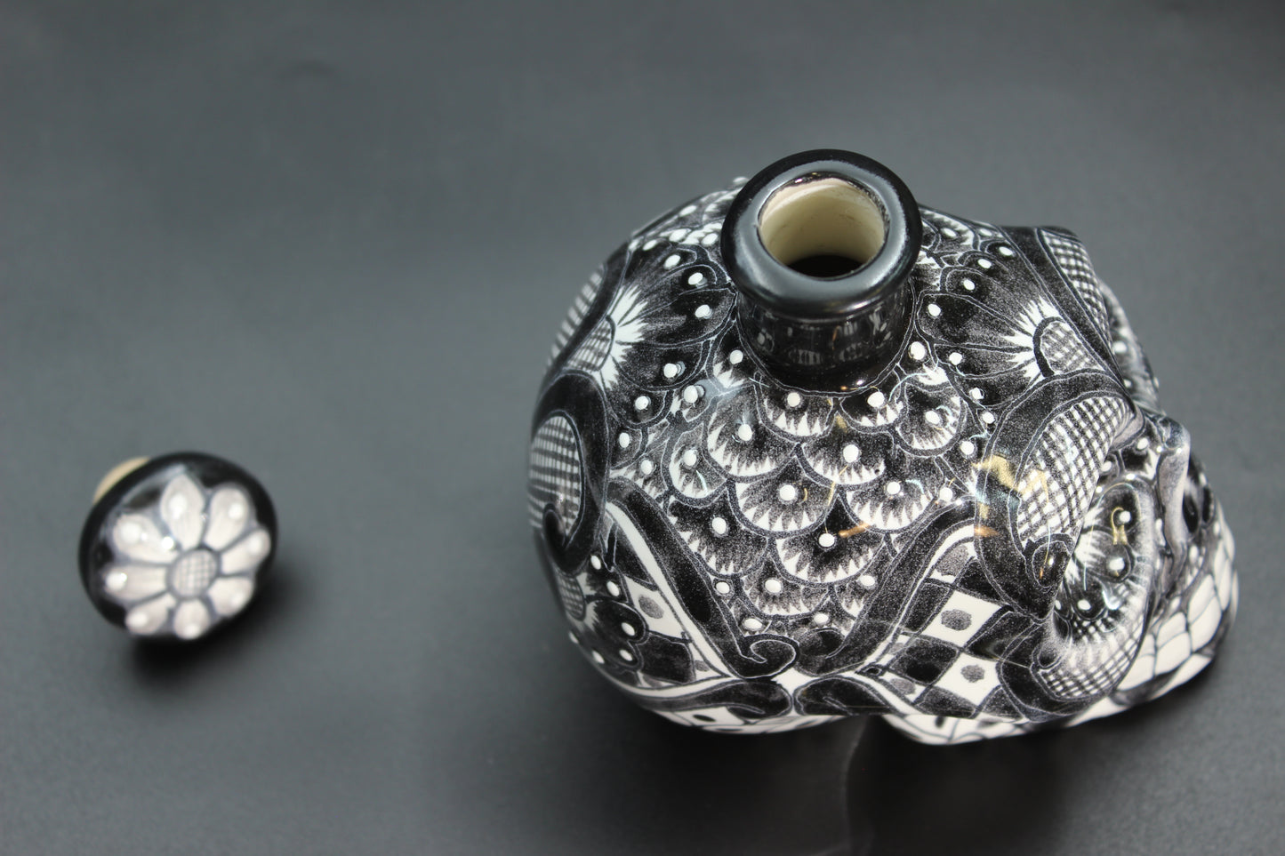 16oz Black Talavera Ceramic Skull Liquor Bottle