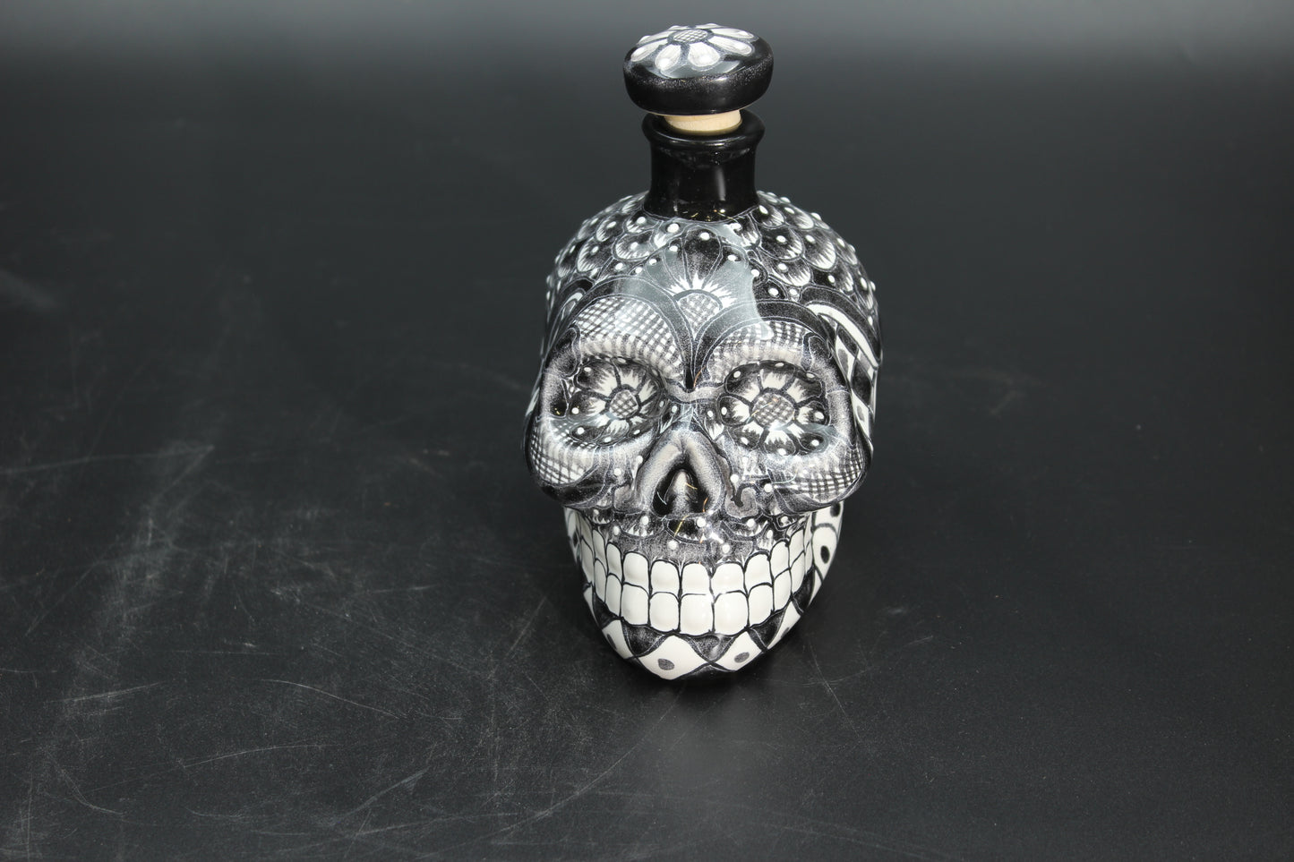 16oz Black Talavera Ceramic Skull Liquor Bottle