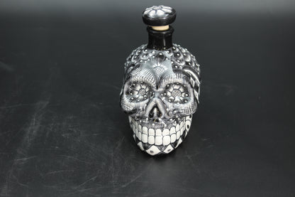 16oz Black Talavera Ceramic Skull Liquor Bottle