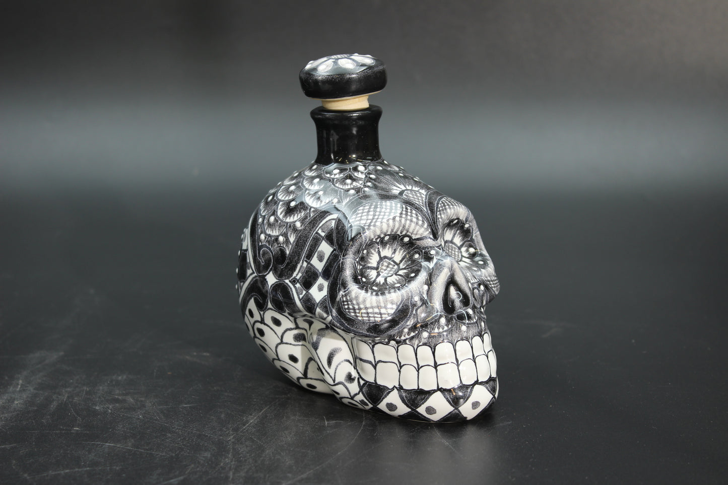 16oz Black Talavera Ceramic Skull Liquor Bottle