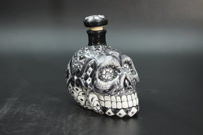 16oz Black Talavera Ceramic Skull Liquor Bottle