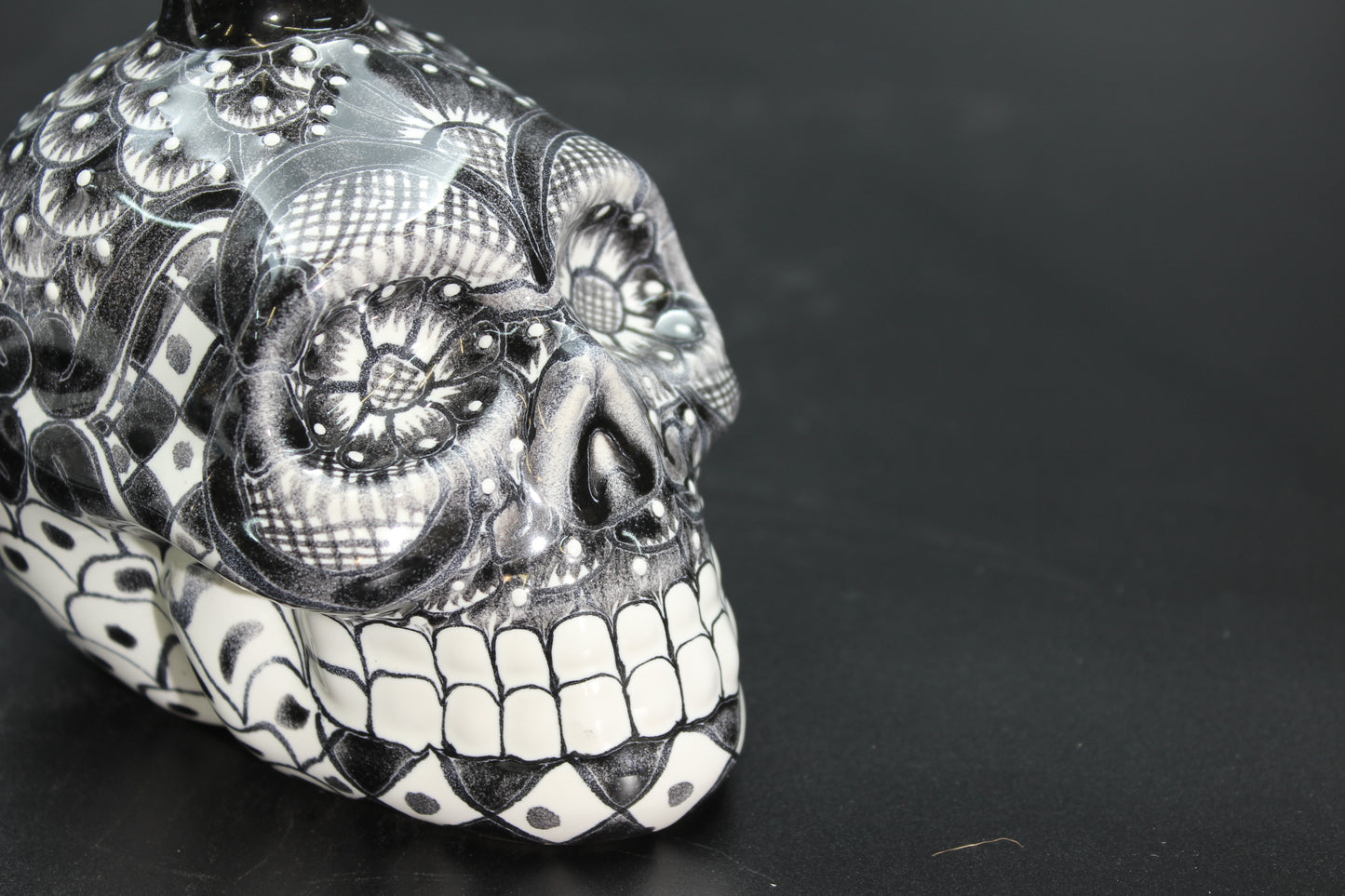 16oz Black Talavera Ceramic Skull Liquor Bottle