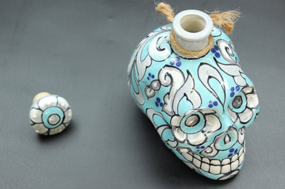 16oz Aqua Talavera Ceramic Skull Liquor Bottle