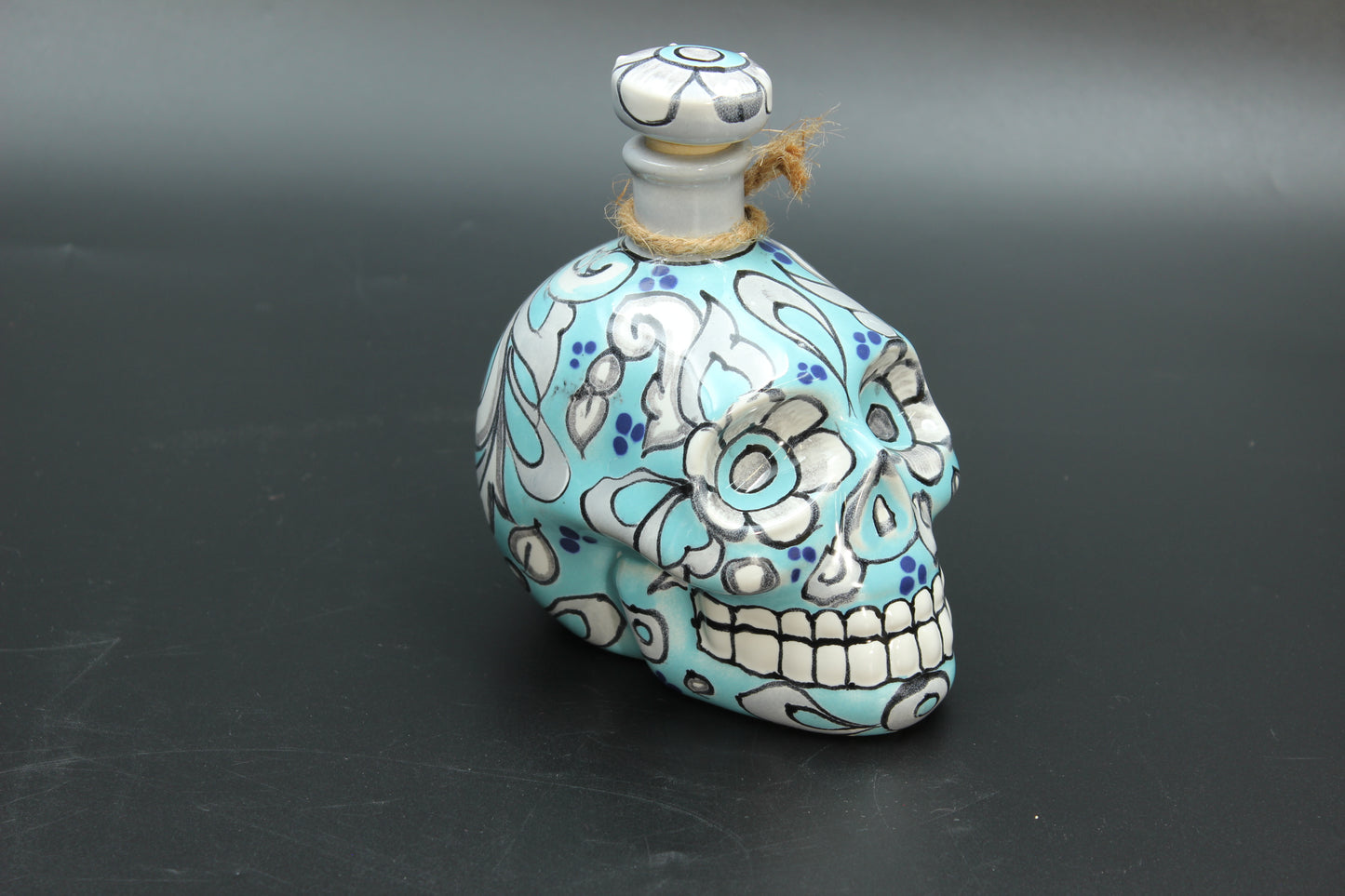 16oz Aqua Talavera Ceramic Skull Liquor Bottle