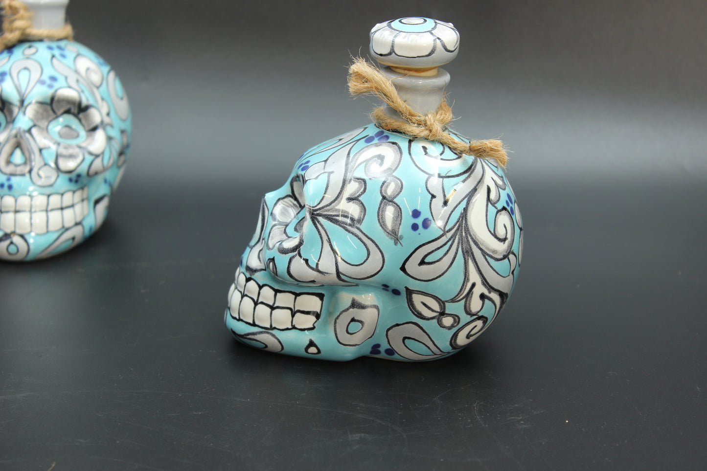 16oz Aqua Talavera Ceramic Skull Liquor Bottle