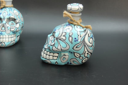 16oz Aqua Talavera Ceramic Skull Liquor Bottle