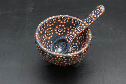 6oz Blue & Red Ceramic Salsa Bowl w/ Spoon