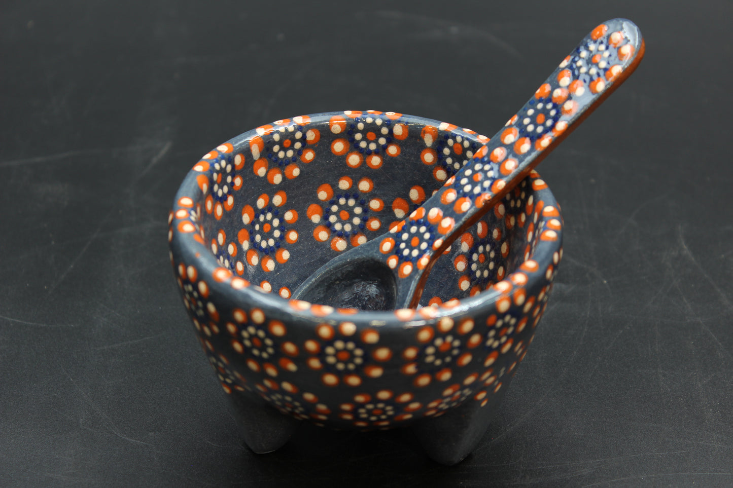 6oz Blue & Red Ceramic Salsa Bowl w/ Spoon