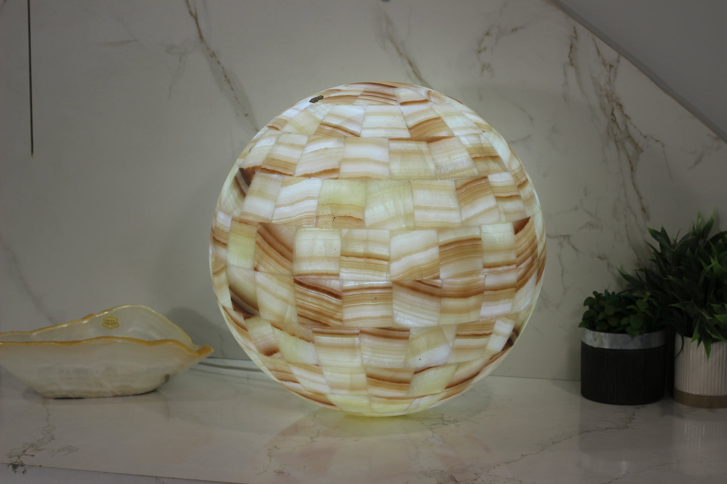 Handcrafted Onyx Sphere Lamp – 16" Translucent Orange Onyx Statement Lamp