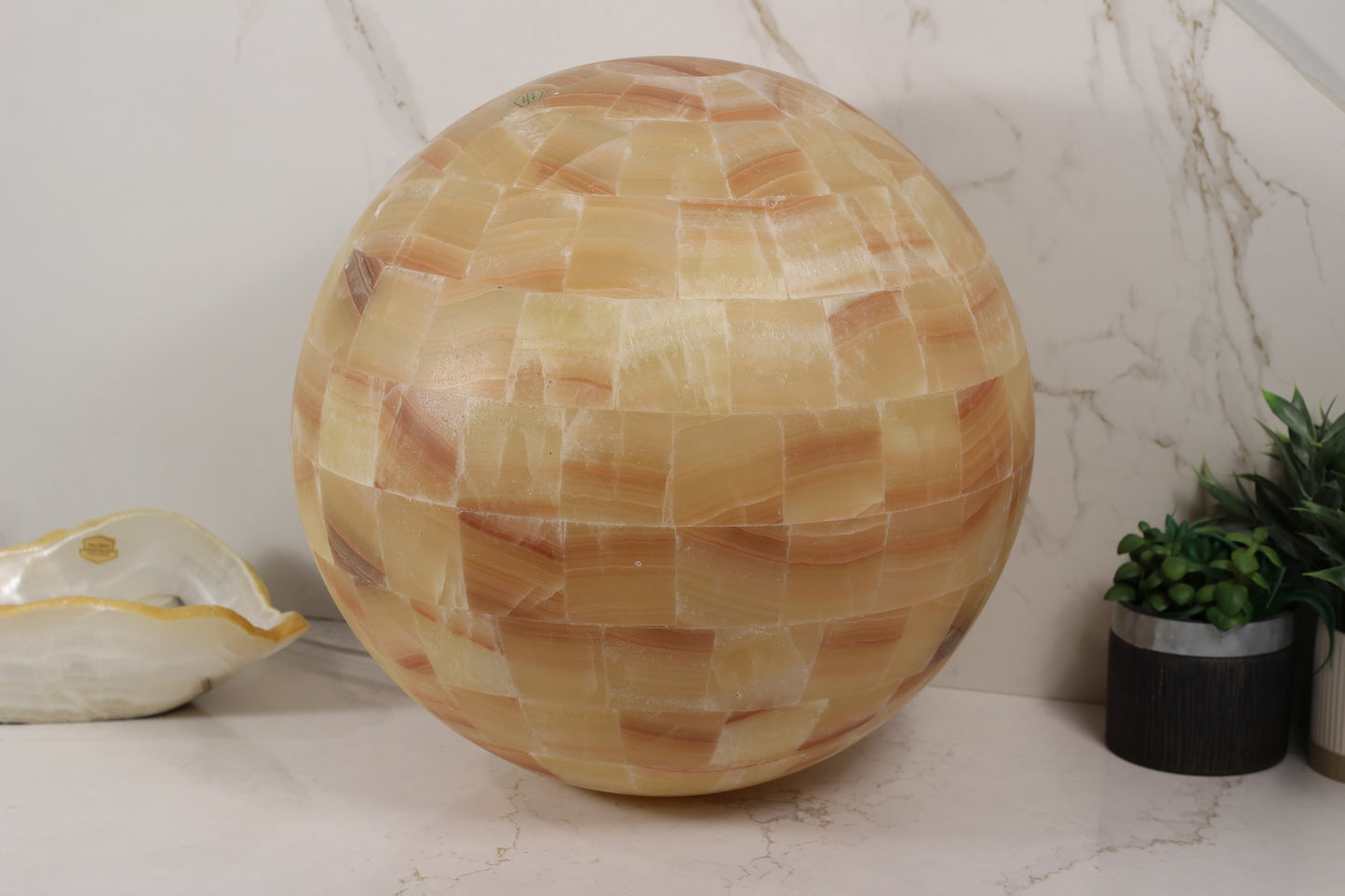 Handcrafted Onyx Sphere Lamp – 16" Translucent Orange Onyx Statement Lamp