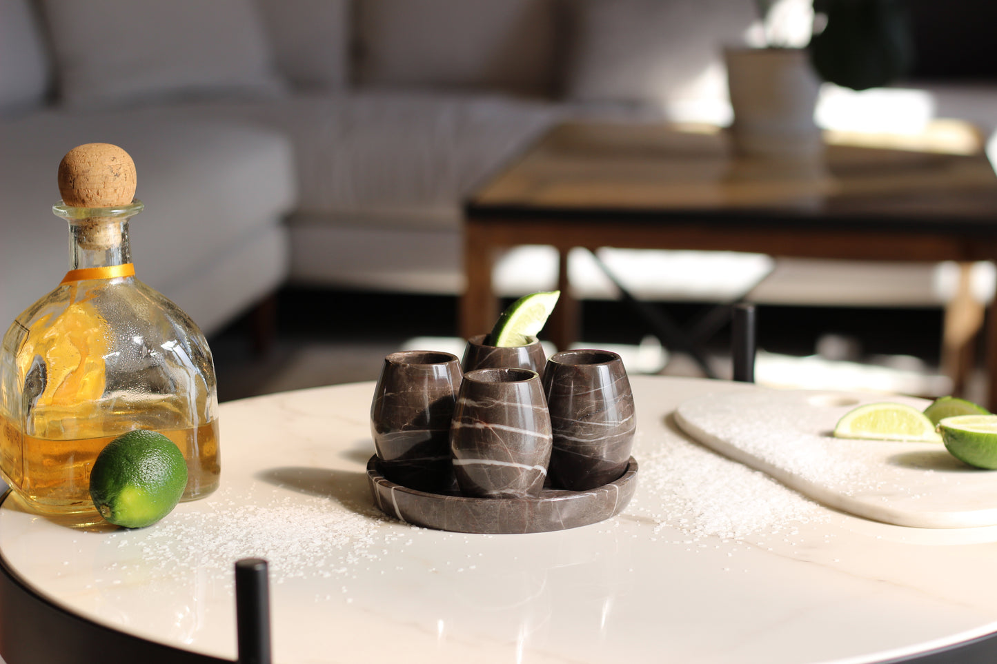 Brown Marble Mezcal Shot Glass Set with Tray – 5 Piece Set