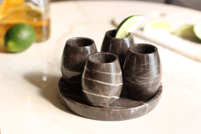 Brown Marble Mezcal Shot Glass Set with Tray – 5 Piece Set