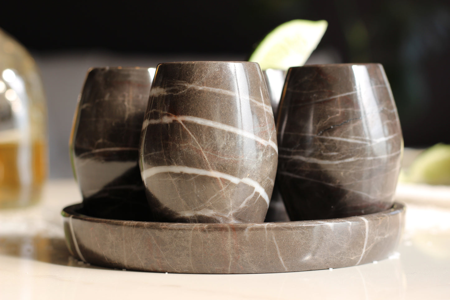 Brown Marble Mezcal Shot Glass Set with Tray – 5 Piece Set