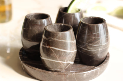 Brown Marble Mezcal Shot Glass Set with Tray – 5 Piece Set