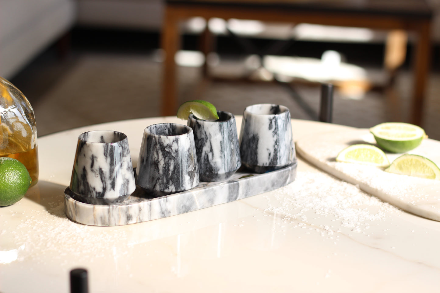 Black & White Marble Mezcalero Shot Glass Set with Tray – 5 Piece Set