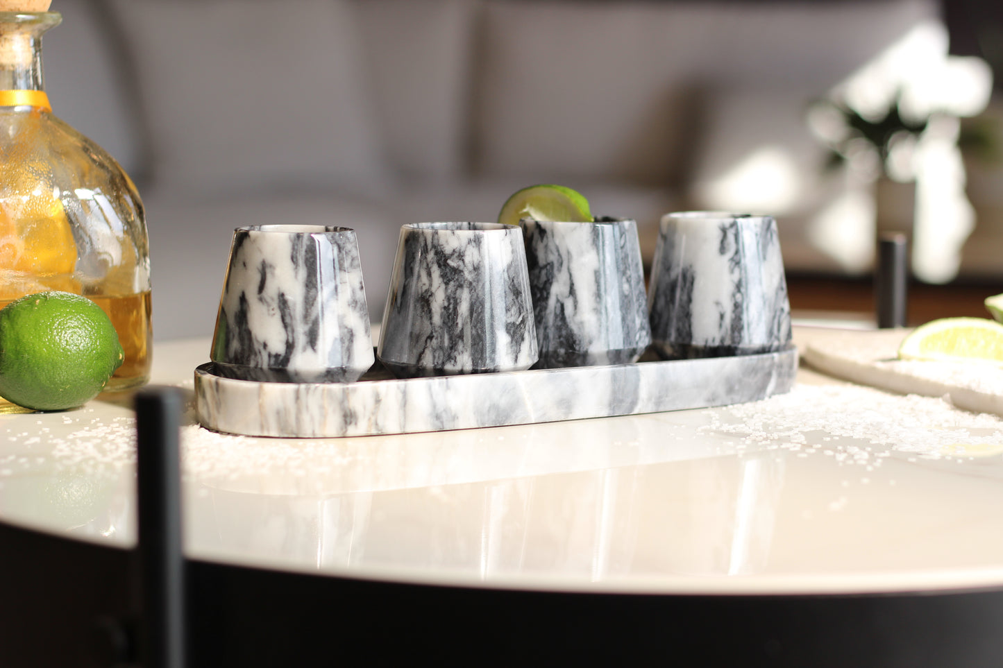 Black & White Marble Mezcalero Shot Glass Set with Tray – 5 Piece Set