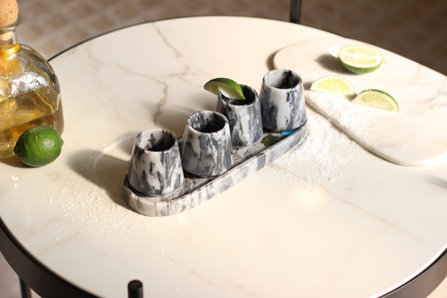 Black & White Marble Mezcalero Shot Glass Set with Tray – 5 Piece Set