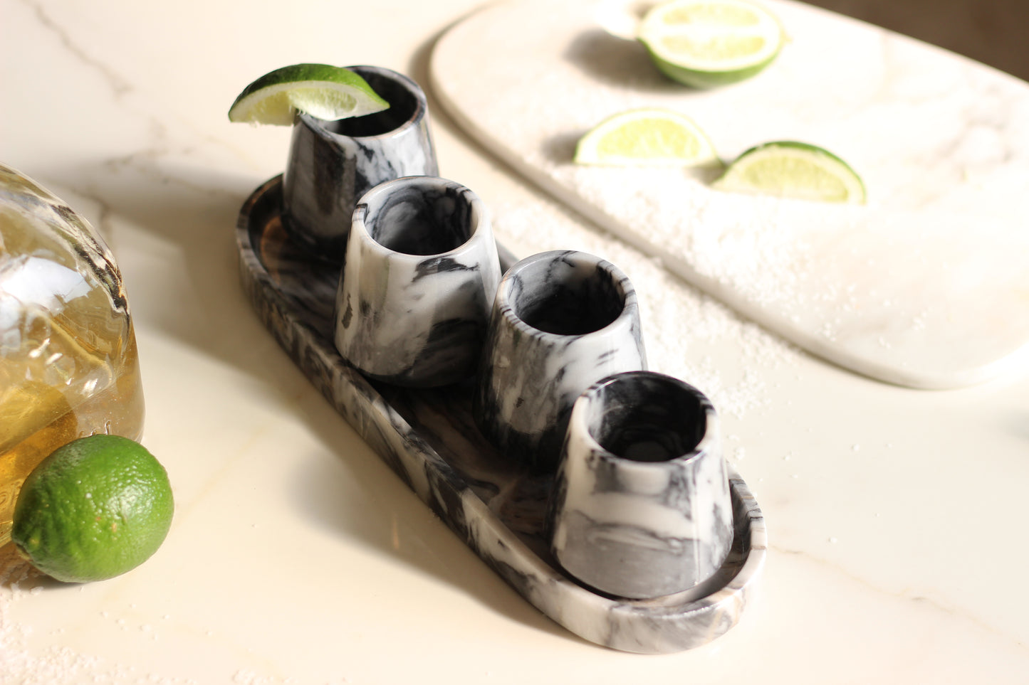 Black & White Marble Mezcalero Shot Glass Set with Tray – 5 Piece Set